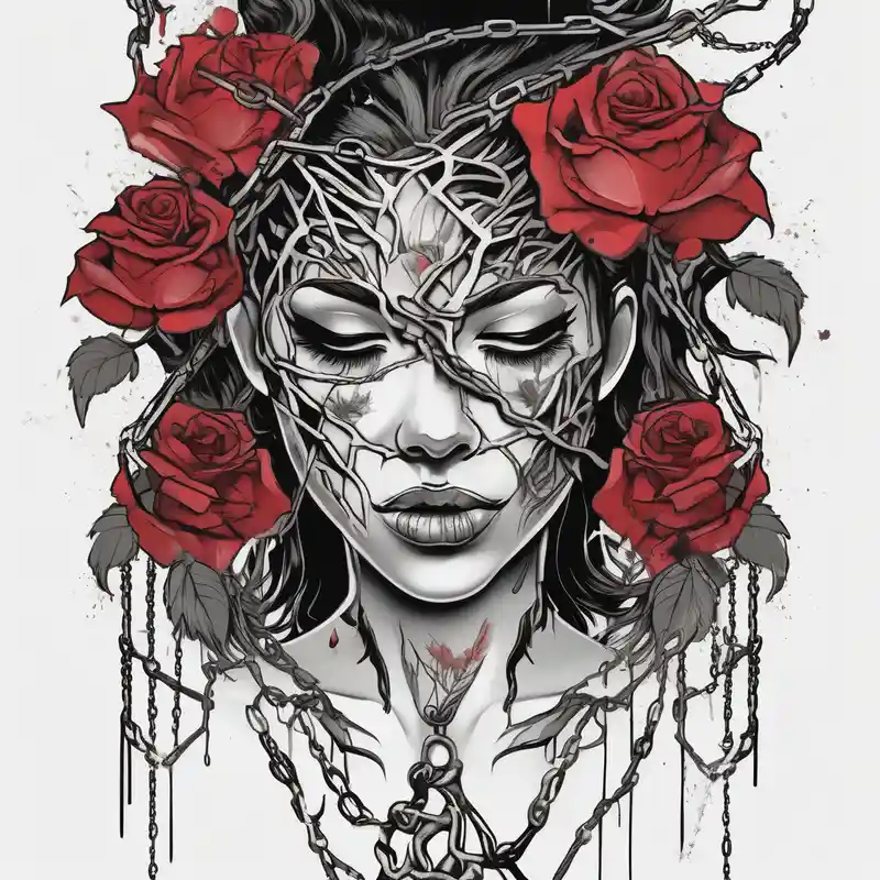 tattoo fool sleeve, tree roots break out of the chains, broken mask, girl, roses, medieval, dark castle drake tattoos